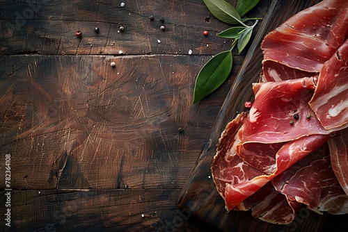 Serrano ham on rustic background with text space
