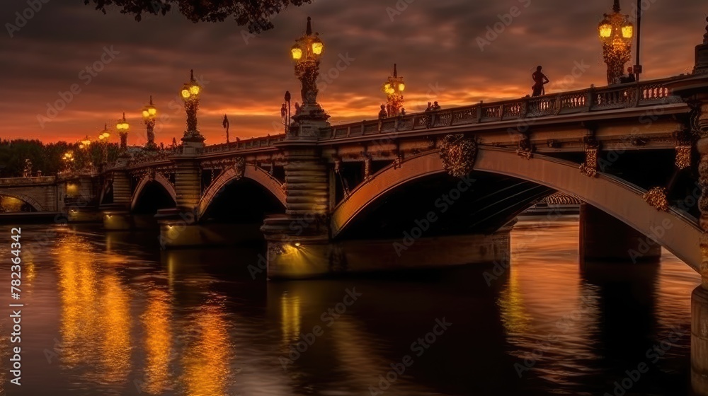 Sunset Glow on Ornate Bridge over Calm River