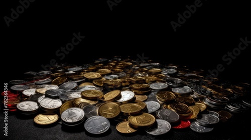 Pile of Various International Coins on a Dark Background, Highlighting Global Currency and Financial Wealth Concepts, saving concept, and coin collector.