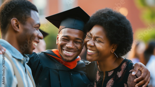 Joyful African American parents congratulate and hug their son, a university graduate dressed in a black cap and gown, at a university graduation ceremony.