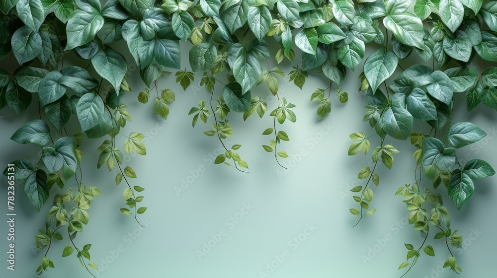 Fototapeta premium Lush Green Creeper Plants Descending from Top, Creating a Natural Frame and Depicting Growth.