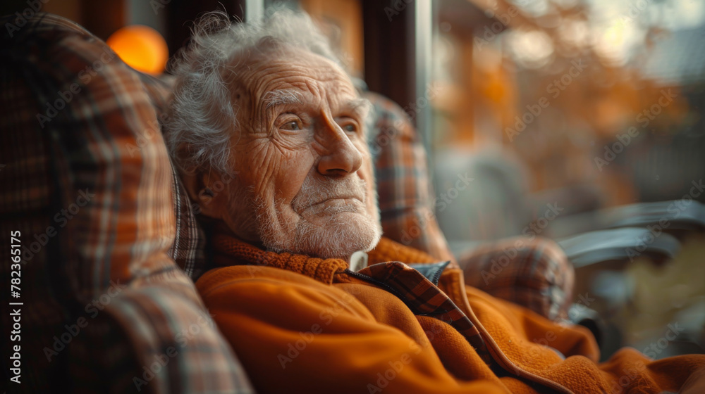 Rear view of senior man sitting on armchair and looking through the window. Lonely old man sitting at home near window during covid19 outbreak. Thoughtful retired man abandoned at nursing home