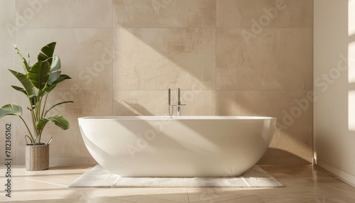 Stunning white bathtub complementing beige bathroom wall Design