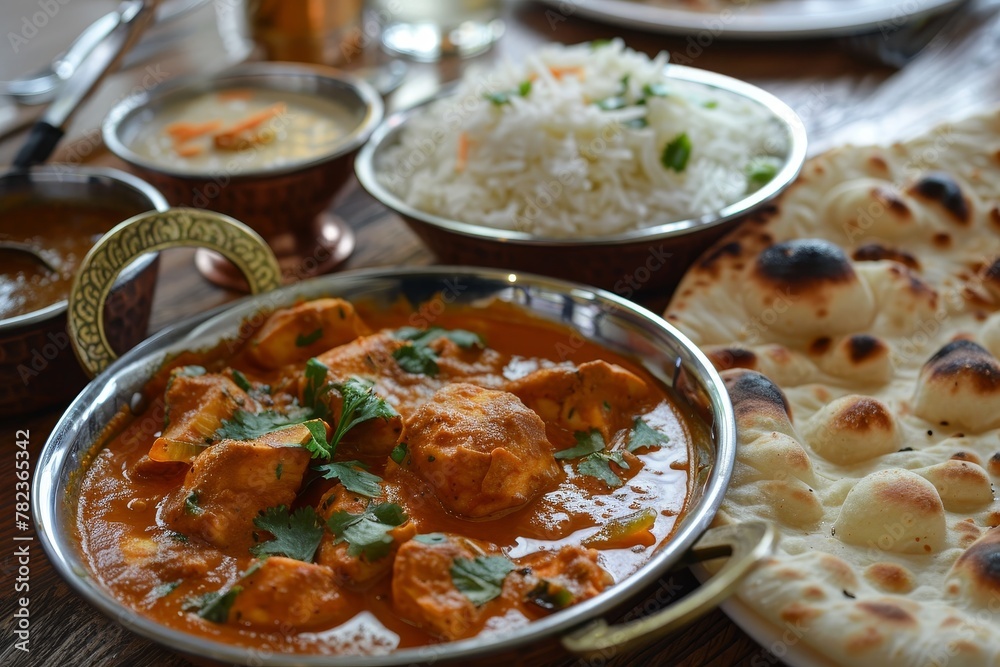 Spicy chicken rice and naan in Indian curry Spicy chicken rice and naan in Indian curry