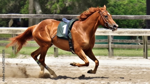 Chestnut Racehorse in Dynamic Gallop on Sandy Race Track with Nature Backdrop.
