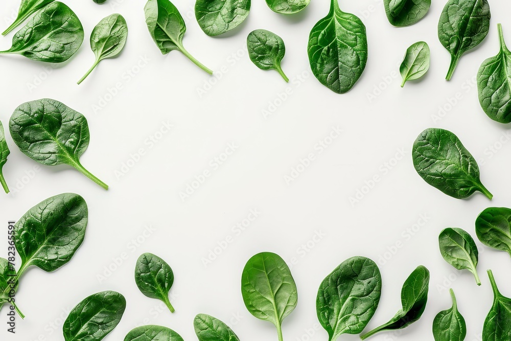 Spinach leaf frame on white background isolated Creative food concept salad ingredient Flat lay top view Spinach leaf frame on white background isolated Creative food concept salad ingredient Flat lay top view