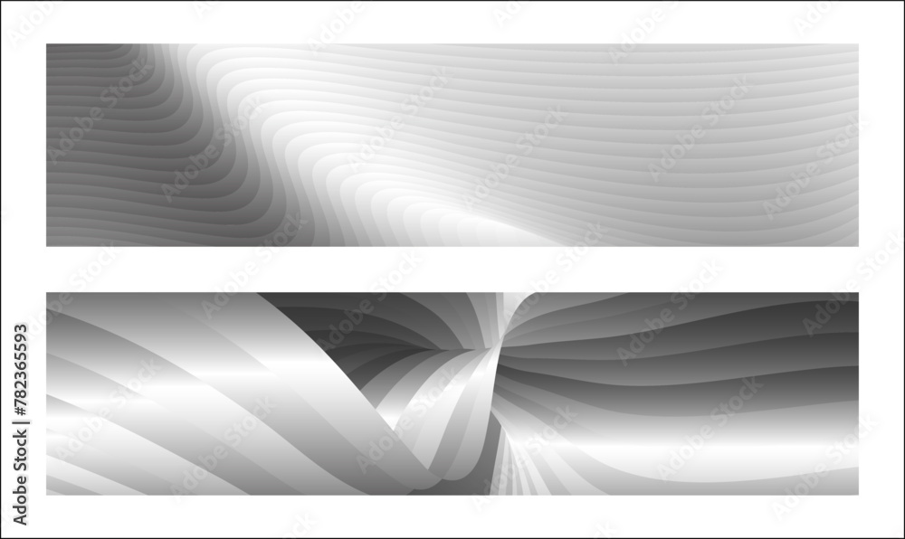 Monochrome cover design, abstract background. Wavy silver parallel gradient lines, ribbons, silk. Set of 2 backgrounds. Black and white with shades of gray banner, poster. eps vector