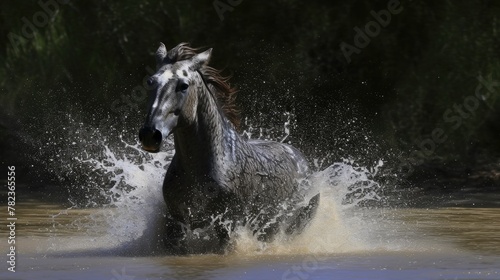 Dappled Grey Horse Frolicking in River with Splashes Against Dense Greenery © Riocool