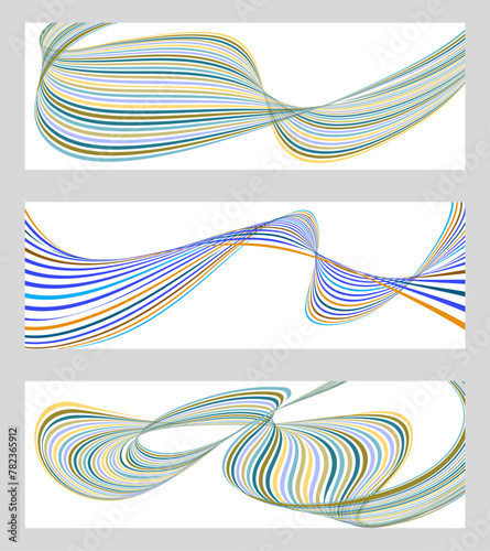 Wavy lines or ribbons. Set of 3 backgrounds. Multicolored striped gradient. Creative unusual background with abstract gradient wave lines to create a trendy banner, poster. vector eps
