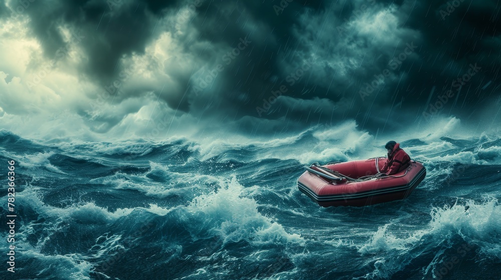 Solitary Person in a Lifeboat Adrift in a Stormy Sea, Symbolizing Isolation and Challenge. Solitary Person in a Lifeboat Adrift in a Stormy Sea, Symbolizing Isolation and Challenge.