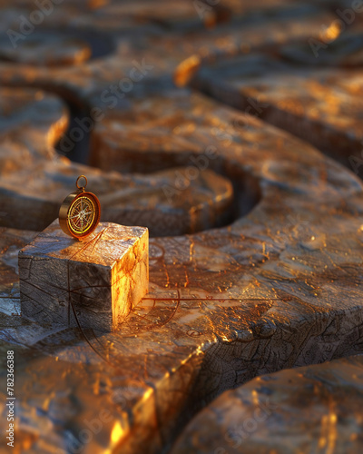 A cube at the start of a winding path, with a compass embedded on top, symbolizing strategic navigation and exploration photo