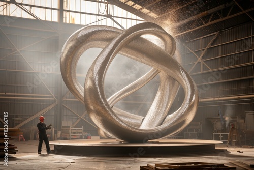 Worker Inspecting a Large Metallic Sculpture in an Industrial Warehouse, Symbolizing Creative Engineering and Artistic Craftsmanship. photo