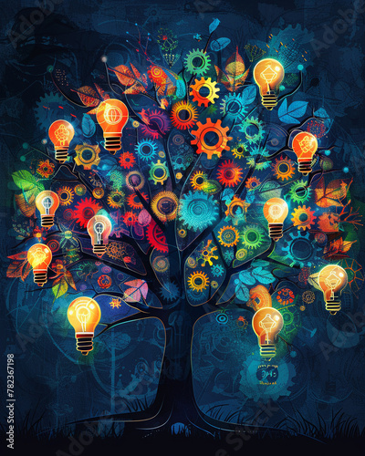 A vibrant tree with gears for leaves and light bulbs for fruit, representing the organic growth of innovation