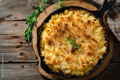 Mac and cheese baked in cast iron with breadcrumbs rustic overhead view photo