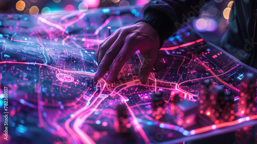 Detail of a fingertip touching a vivid digital map interface representing a high-tech circuit city landscape photo