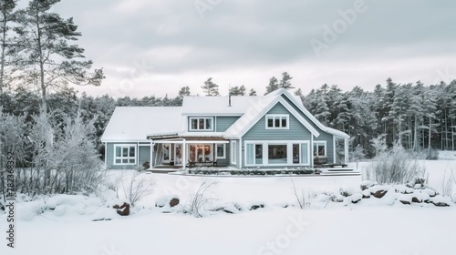 Scandinavian Villa Exterior in Snowy Landscape Generative AI © AlexandraRooss