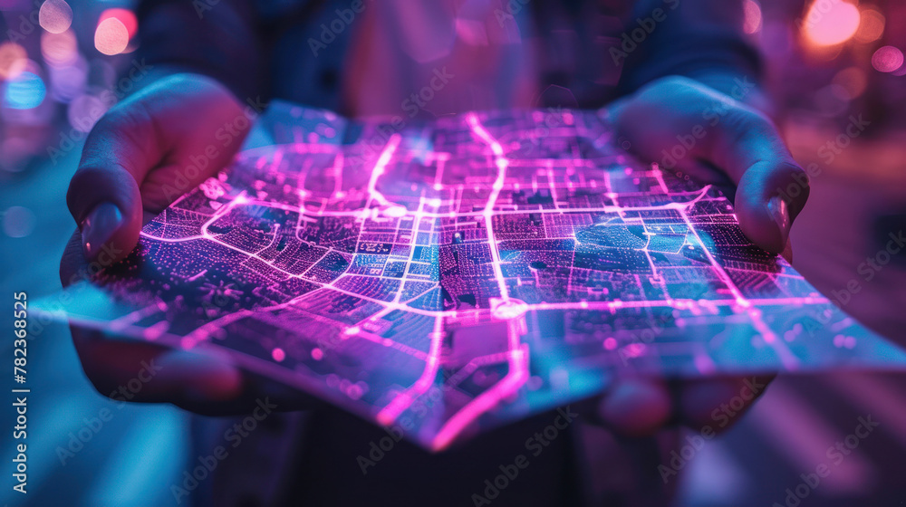 Hands present a luminous city map, showcasing neon lines of connectivity amidst an urban bokeh effect - obrazy, fototapety, plakaty 