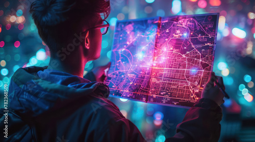 A man examines an illuminated futuristic map with neon city grid lines against a visually rich, bokeh-filled background