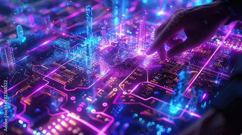 A finger is seen touching brightly lit circuits on a digital board meant for high-tech design