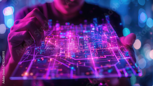 A detailed visual concept of a person interacting with a 3D holographic projection of a neon city map highlighting urban development