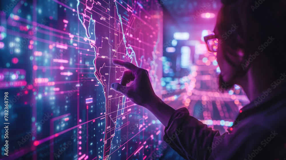 A tech-savvy individual interacts with a large digital screen displaying a vibrant map of a city's streets and infrastructure A tech-savvy individual interacts with a large digital screen displaying a vibrant map of a city's streets and infrastructure