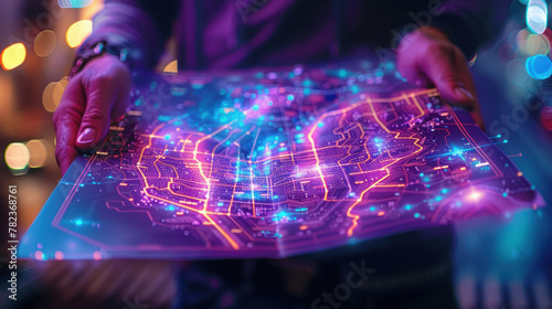 This image shows an individual closely examining an intricate, cybernetic city map, suggestive of advanced technological navigation photo