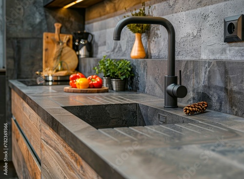 Modern loft kitchen with grey stone ceramic countertop wooden details and undermounted sink with mixer © The Big L