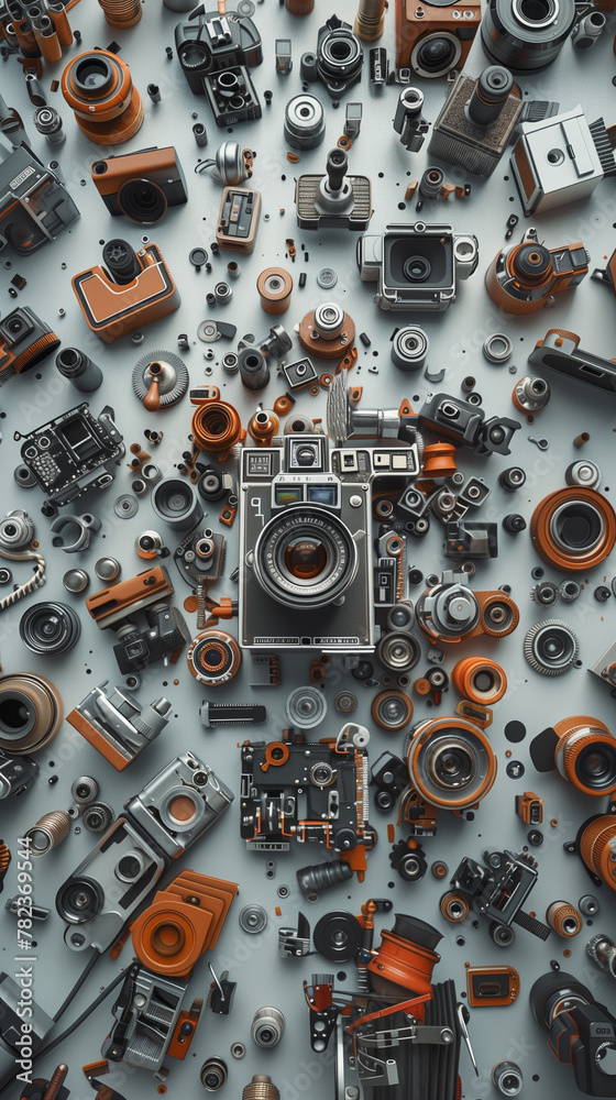 Assorted vintage cameras and parts neatly arranged