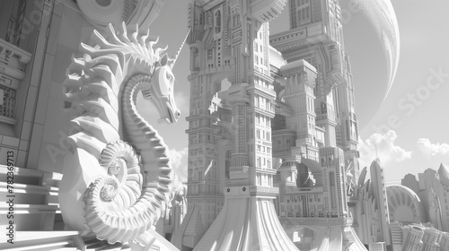 White architectural dragon and futuristic buildings