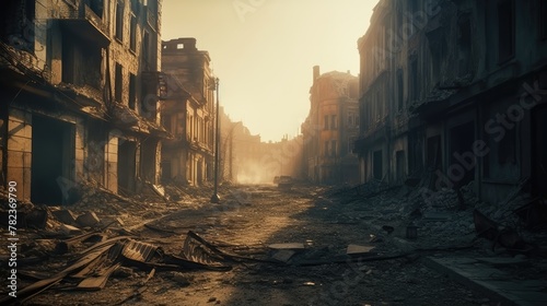 Desolate City Street After Apocalyptic Destruction Generative AI photo