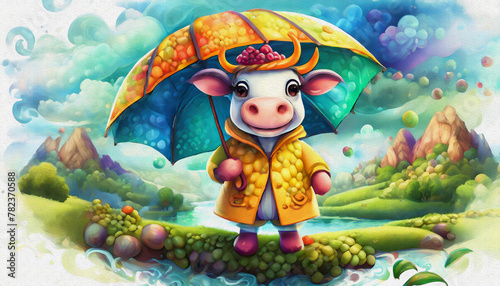 CARTOON CHARACTER CUTE cow in a yellow raincoat holding an umbrella, © stefanelo