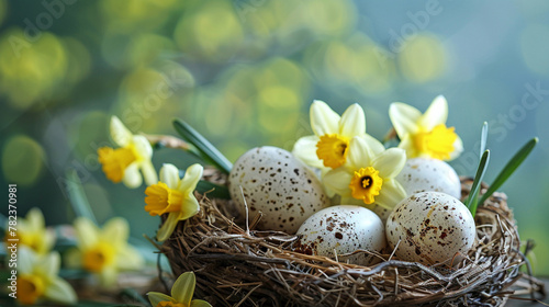  White yellow easter eggs in a bird nest basket and yellow daffodils flower.  Easter holiday celebration greeting