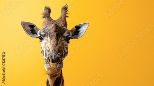 Studio portrait of surprised giraffe  isolated on yellow background