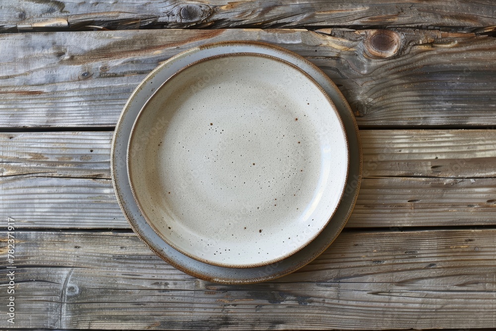 Plate alone on wooden surface Plate alone on wooden surface