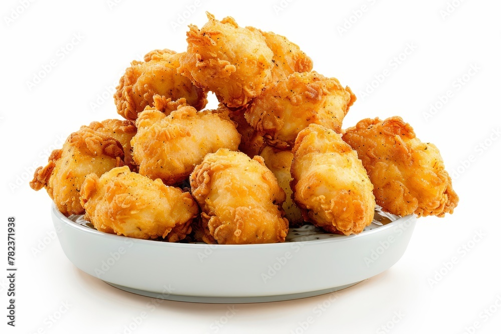 Plate of fried chicken nuggets with tartar sauce on white background Plate of fried chicken nuggets with tartar sauce on white background