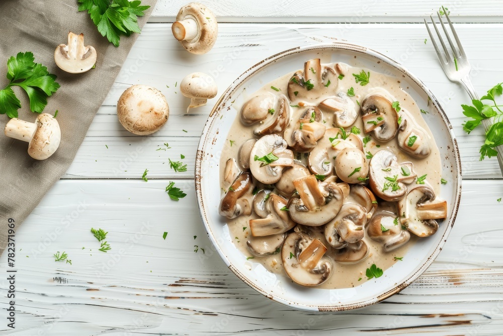 Plate of mushrooms in creamy sauce on white wood background