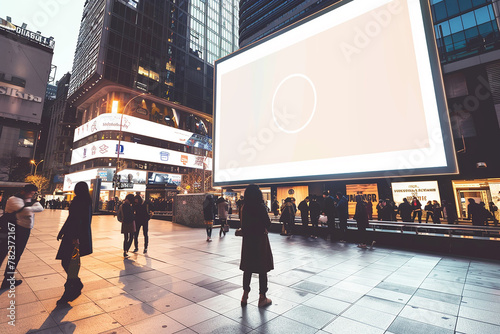 A blank logo mockup on a sleek, digital billboard overlooking a bustling city square. 32k, full ultra hd, high resolution photo
