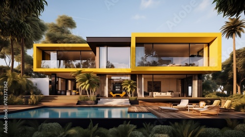 A minimalist villa with a bold yellow exterior, set against a backdrop of lush greenery, offering a harmonious blend of modern design and natural beauty © komal