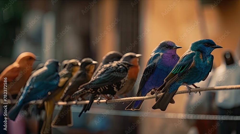 Obraz premium Vibrant Avian Display on Festive Laundry Line Generative AI