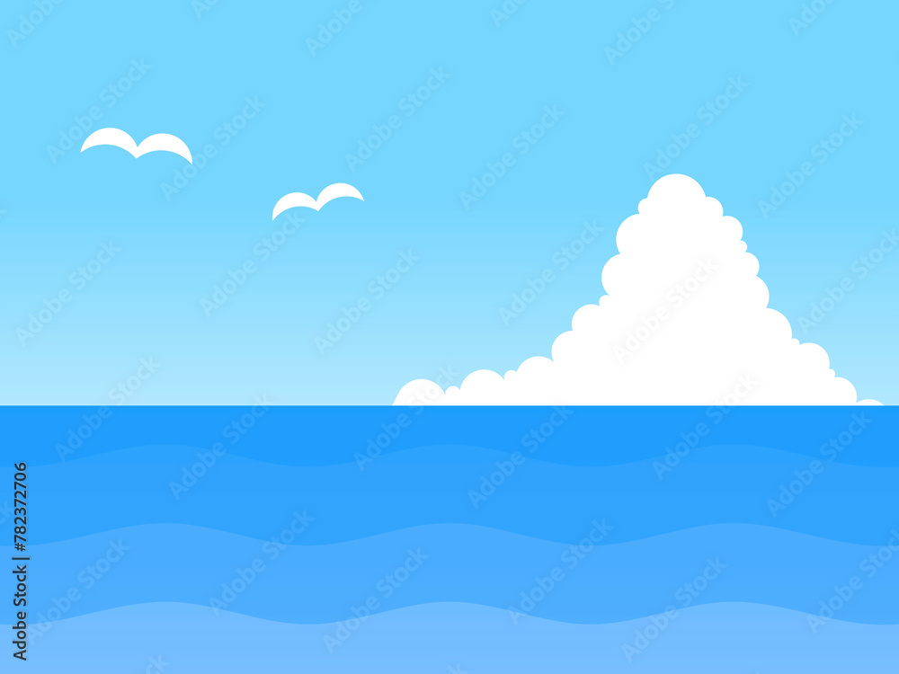 グラデーション空と海とカモメと入道雲背景A:青 グラデーション空と海とカモメと入道雲背景A:青