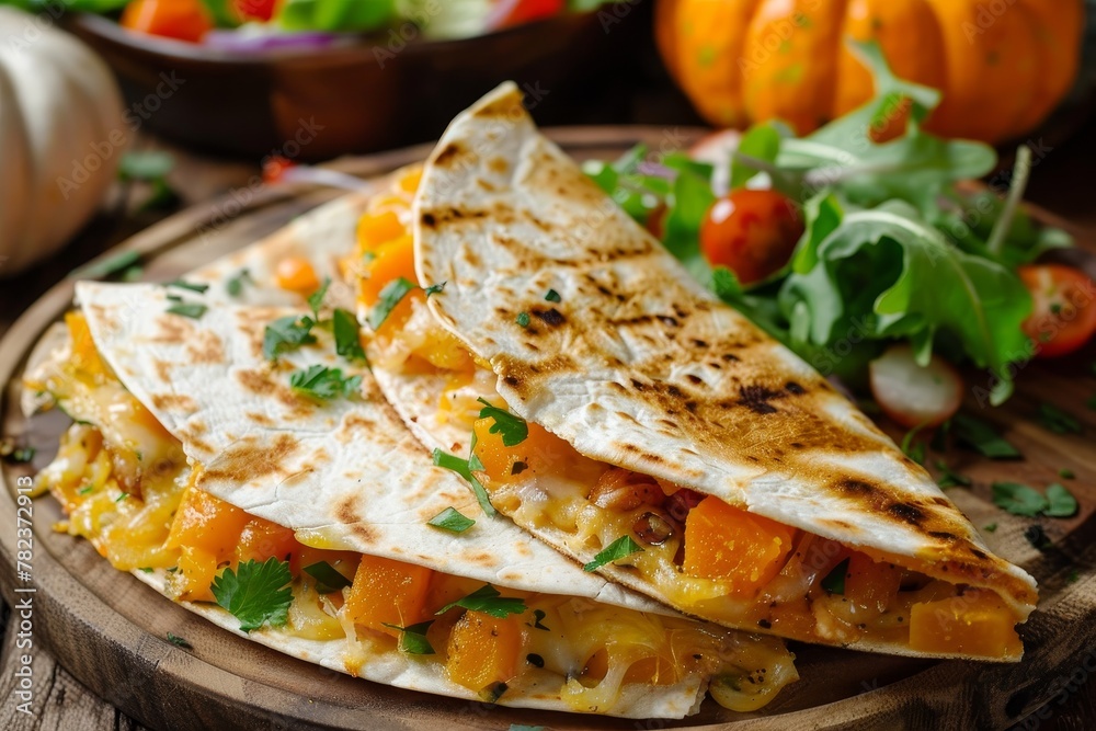 Tasty pumpkin quesadilla ready to serve with salad Tasty pumpkin quesadilla ready to serve with salad