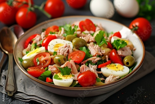 Tasty salad with tuna tomatoes eggs olives and peppers