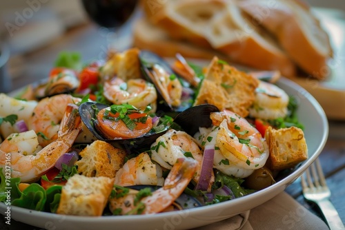 Tasty seafood salad with Italian bread and croutons