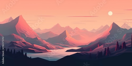Serene Mountain Landscape at Dusk in Neo-Geo Minimalist Style Generative AI