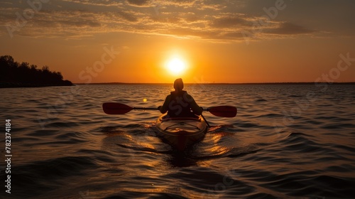 Kayaker Silhouetted Against Sunset Horizon Generative AI © AlexandraRooss