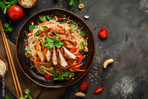 Thai Papaya Salad with Grilled Chicken Top View Thai Style Concept