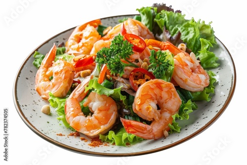 Thai spicy seafood salad with shrimp on white background with clipping path