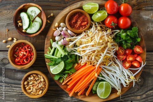 Thai style papaya salad on wooden table top view Thai food concept