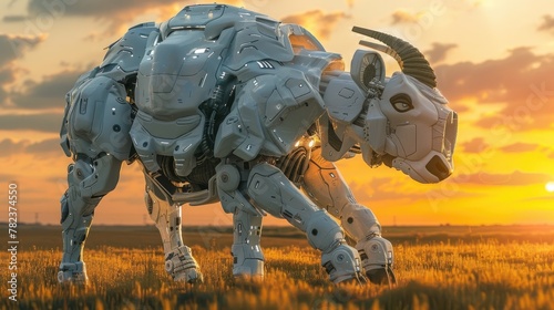 Futuristic Mechanical Gaur Robot Surveying Sunset Grassland Landscape with Gleaming Metallic Hide photo