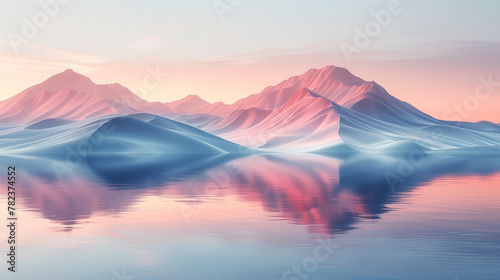 sunrise over lake in mountains, tranquil background with subtle gradients and soft, pastel hues, invoking a sense of calm and serenity in minimalist design © Irina